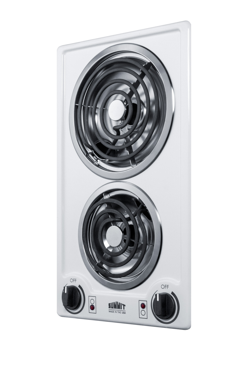 115V 2-burner coil cooktop in white porcelain with cord included; made in the USA